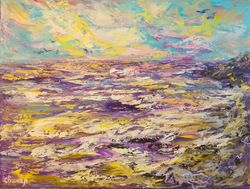 Hawaii Island Sea Sunset Original Art Oil Painting Rocks Gull Artist Svinar Oksana