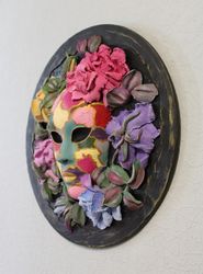Original floral plaster sculpture, textured wall decor, palette knife painting.