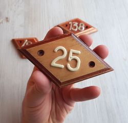 Wooden rhomb address number plate 25 - Soviet apartment door number sign vintage