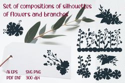 Set of compositions of silhouettes of flowers and branches