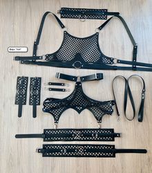 Sexy harnss set, Genuine leather garter bra panties, laser cut harness, women's leather harness, whip and cake