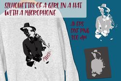SILHOUETTES OF A GIRL IN A HAT WITH A MICROPHONE