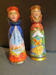 Russian hand painted wooden bottle case - Traditional Russian matryoshka shtof folk art made