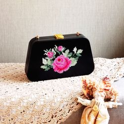 Wooden Handmade Embroidered  Clutch Bag, Cross Stitched