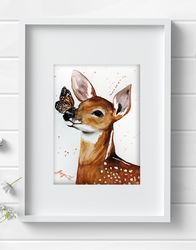 Original watercolor painting 8x11 inches deer animal art butterfly by Anne Gorywine