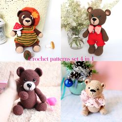 Crochet Bear Patterns set 4 in 1 Amigurumi stuffed teddy bear Crochet tutorial PDF in English