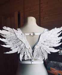 harness  with white wings, women's genuine leather harness, angel wings harness, white wings, black wings, whip and cake
