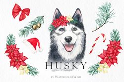 Watercolor Christmas Husky Dog Clipart New Year Clip Art For Instant Download