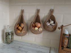 Hanging wall basket vegetable fruit . Large hanging potato basket set . Jute hanging basket . onion  and potato storage