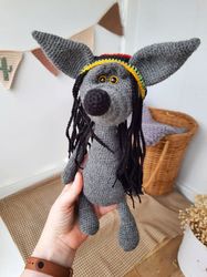 Gray wolf toy in Funny Bob Marley Rasta dreadlock Hat. Replica Rasta toy best friends gift