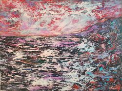 Oil Painting Rays Sun Sea Beautiful Sunset Original Art Artist Svinar Oksana