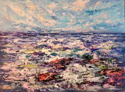 Ocean Sunrise Sea Rocks Seascape Impasto Original Art Oil Painting Artist Svinar Oksana