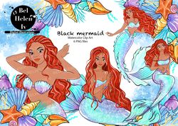 Black mermaid watercolor clip art, black mermaidPNG  ,  black mermaid download PNG. princess digital image PN
