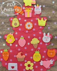 Pink Christmas Tree for girls with a set of 18 Christmas Ornaments Felt PDF Pattern, Gifts for kids