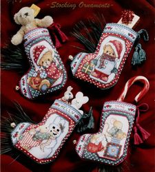 Vintage Jingle Pals 4 mini Stocking Christmas Ornaments cross stitch pattern PDF Classic Holiday Design Instant Download