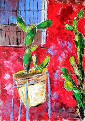 Cactus Original Oil Painting Mexican Landscape Cacti Artwork Mexican Cityscape Mexico Art Red House Painting 12" by 8"