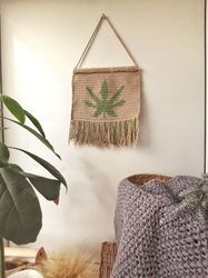 Cannabis Crochet wall hanging marijuana. Tropical leaf hemp wall panel decor. Boho wall home decor.