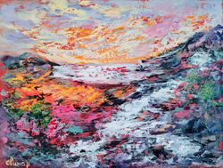 Boat Mountain Trees Flowers Sunset Original Art Oil Painting Artist Svinar Oksana