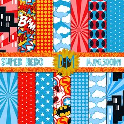 Superhero Digital Paper set, 14 seamless patterns for scrapbooking and crafting