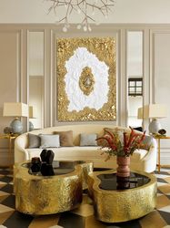 Gold Leaf Abstract, natural amethyst crystal Modern Acrylic Painting on Canvas, Large Gold leaf Abstract Painting