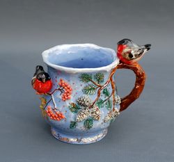 blue porcelain art mug birds figurines rowan pine berries decor bullfinch sculpture mug ceramic collectible cap