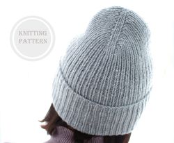 Beanie hat knit with an elongated crown tutorial - Easy beanie knitting pattern for  Beginner - Knitting hat  for Womens