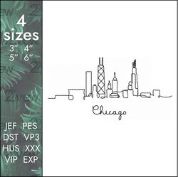 Chicago Embroidery Design, one line city, 4 sizes