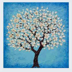 Tree painting Original art with shining crystals Tree of life oil Painting 10 by 10 inch Flowering Tree Art by Juliya JC