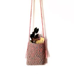 Pink, Light blue, Multi-colored, Handbag on a long knitted strap, Crochet handbag, Jute handbag, Handmade bag