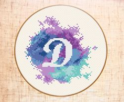 Letter D cross stitch PDF pattern Modern cross stitch Monogram embroidery Watercolor x-stitch Baby Name Initial