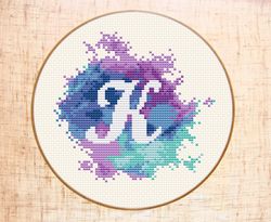 Letter K cross stitch pattern Modern cross stitch Watercolor xstitch Monogram embroidery Baby name cross stitch PDF