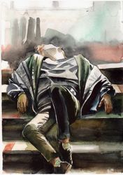 Original Watercolor Painting Young Man Painting Male Art Male Wall Art Contemporary Art Watercolor Aesthetic Painting