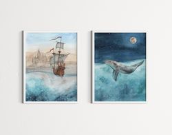 Set of 2 seascape wall art, Posters set for nursery wall decor, Download digital print, Downloadable posters