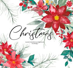 Christmas Watercolor Clipart, Christmas Clipart Flowers Bouquets Tree Branches Flowers Poinsettia, PNG