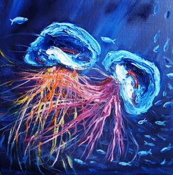 Jellyfish Oil Painting Original Art Sea Fish Artwork Seascape Canvas Art Impasto