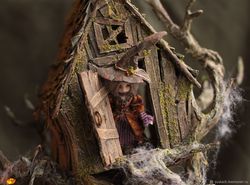 Half scale handcrafted witch house with 2 witches