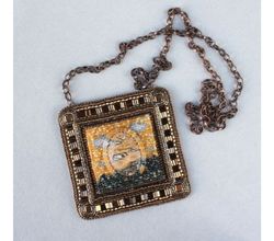 Embroidered Jasper necklace beaded pendant landscape necklace van gogh painting necklace