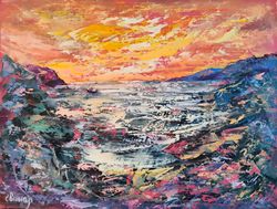Mountains Sea Ship Bright Sunset Original Art Oil Painting Artist Svinar Oksana