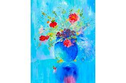 Flowers painting impasto oil painting wildflowers original art red flowers blue vase bouquet still life 20x16 canvas