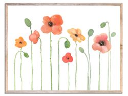 Poppies Art Print Flowers Watercolor Painting Floral Orange Poppy Wall Art Minimalist Botanical Poster Golden Poppies