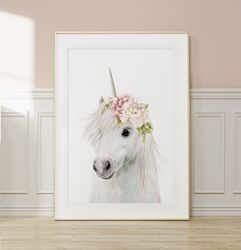 Unicorn Wall Art Print, Floral Crown, Girls Nursery Room Decor, Printable Digital Download