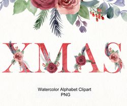 Watercolor christmas alphabet png, letters clipart.
