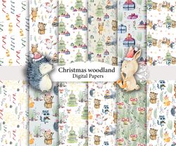 Christmas woodland animals, seamless patterns.