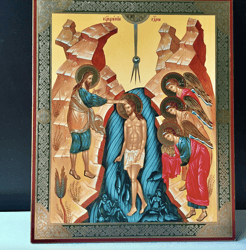 The baptism of Jesus by John the Baptist | Gold foiled icon | Inspirational Icon Decor| Size: 8 3/4"x7 1/4"