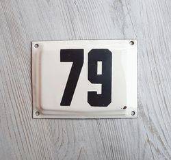 Small house address number plaque 79 - Old Soviet enamel metal wall number plate white black