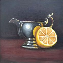 Lemon Painting, Original Art, Fruit Painting, Food Artwork, Kitchen Small Painting, 7.9 by 7.9 in