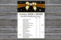Golden bow Birthday ever or never game,Adult Birthday party game-fun games for her-Instant download
