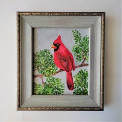 Bird painting Small bird small wall decor Bird art wall impasto painting Miniature painting red bird Red cardinal art
