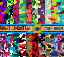 Bright Camouflage Digital Paper set, 20 seamless patterns for scrapbooking and crafting