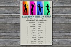 Dance party Birthday This or that game,Adult Birthday party game-fun games for her-Instant download